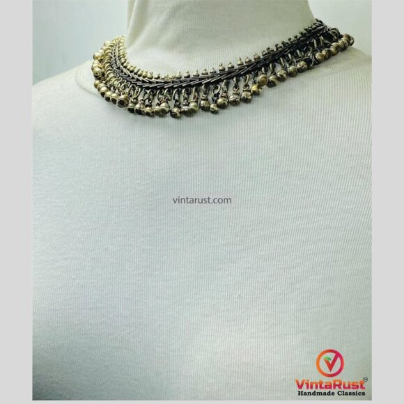 Vintage Statement Rustic Silver Choker Necklace: Handmade Kuchi Boho Jewelry - Picture 4 of 6